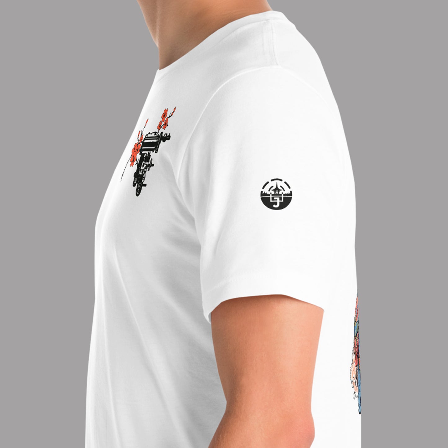closeup of logo on left sleeve on Yūgen Ronin Ink Unisex t-shirt