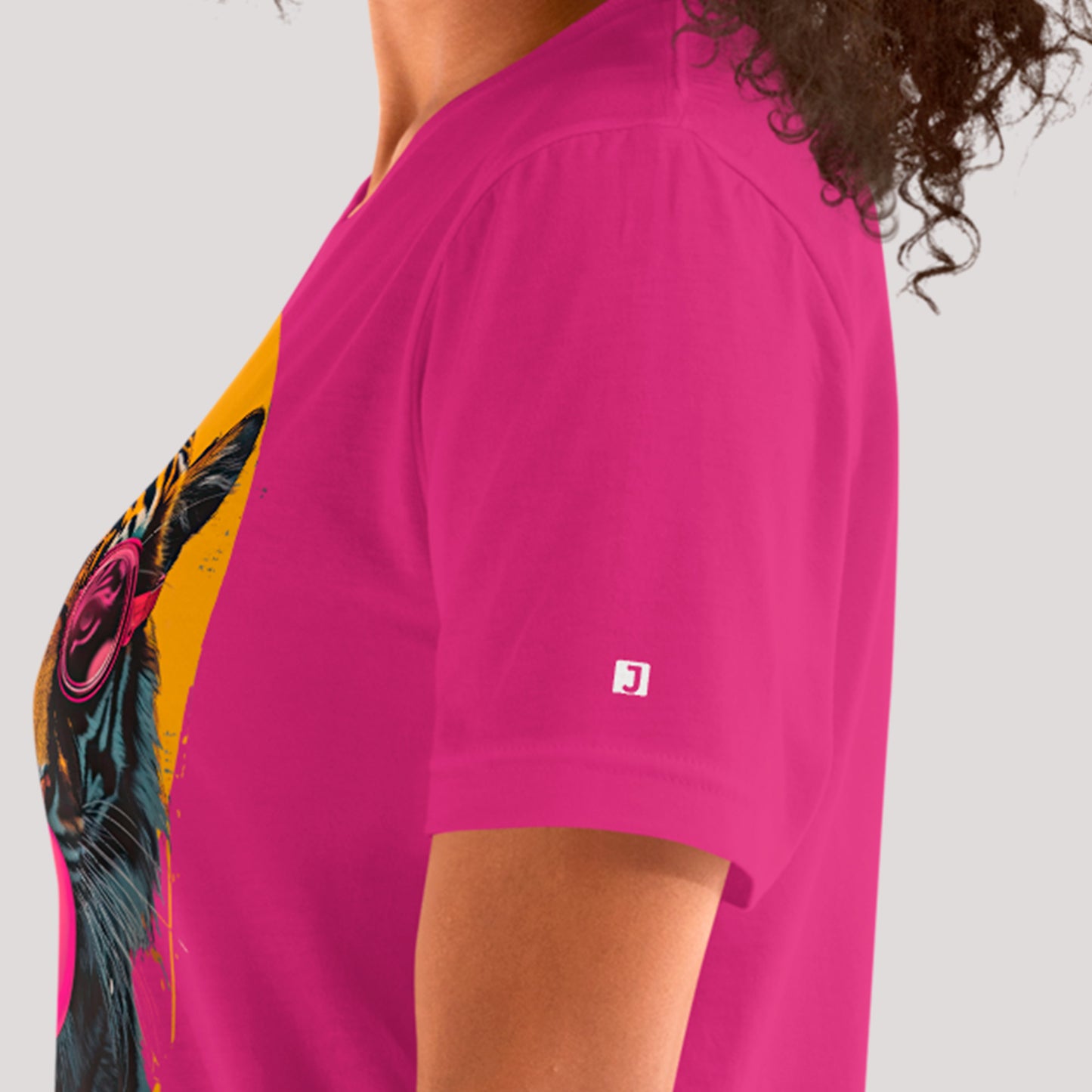close of logo on left sleeve of Bubblegum Bengal Unisex t-shirt