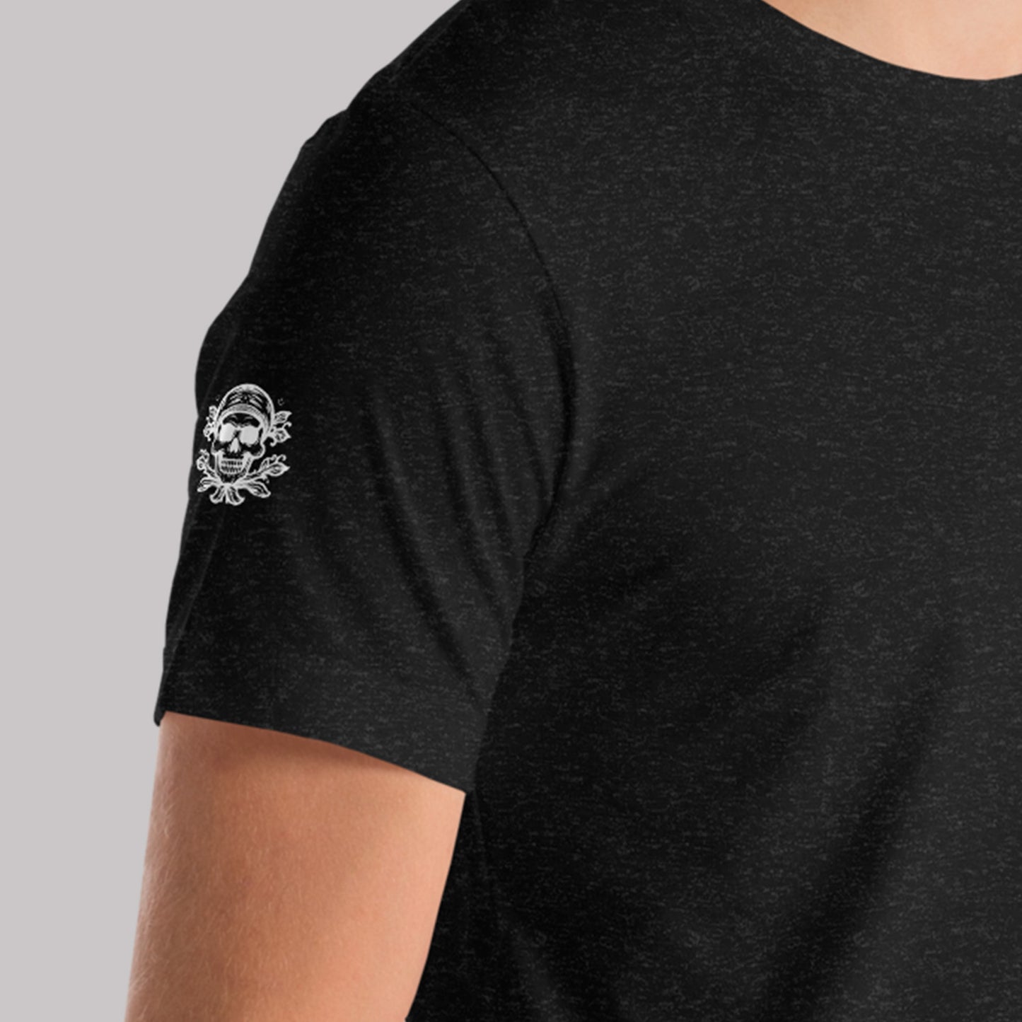 closeup of right sleeve on black heather Doomed Desolation Unisex t-shirt