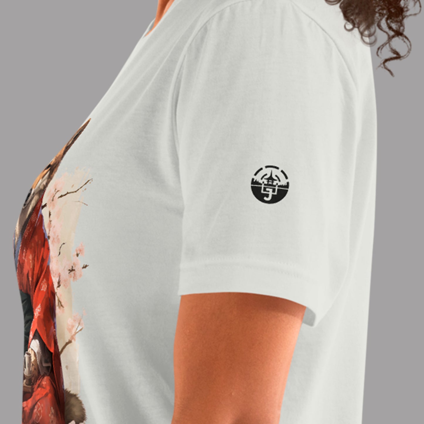 close up of logo on sleeve of silver Kimono Inu Unisex t-shirt