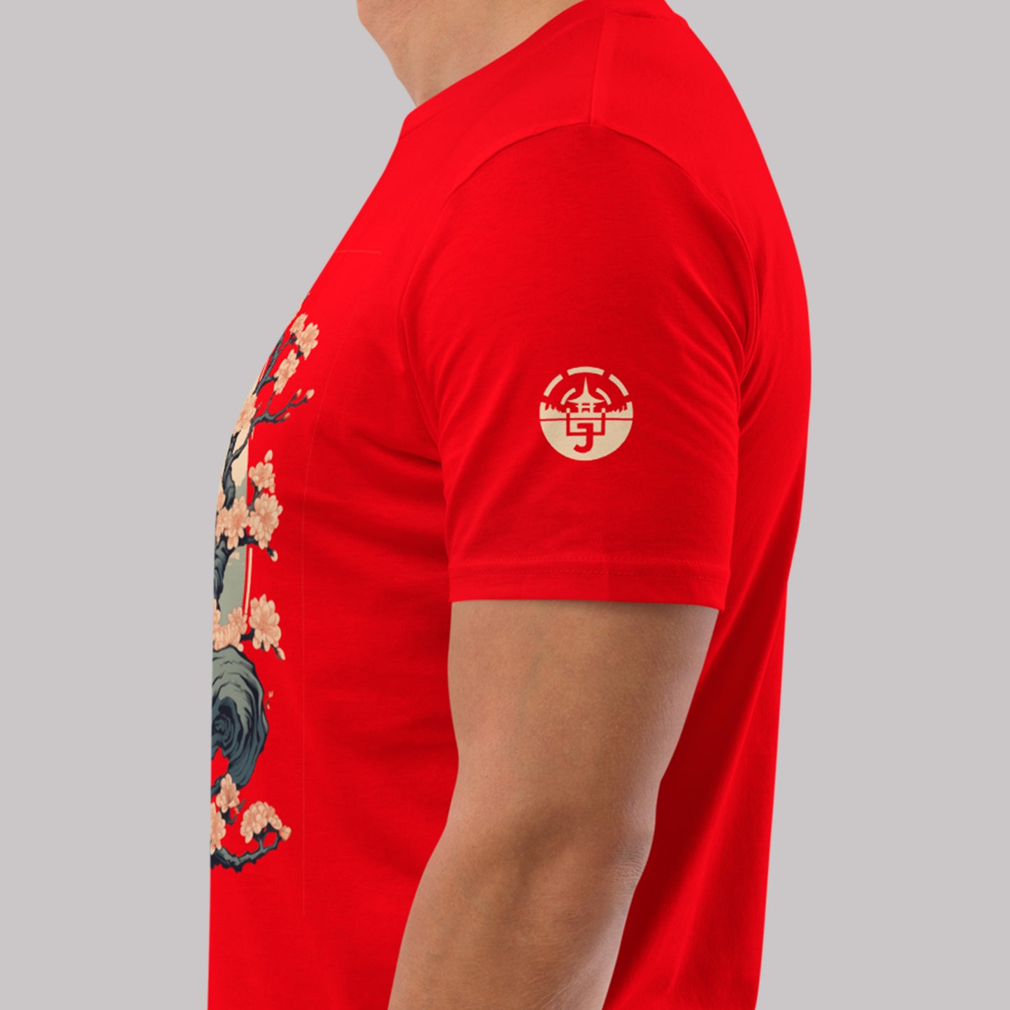 closeup of logo on left sleeve of Saru (猿) Unisex organic cotton t-shirt