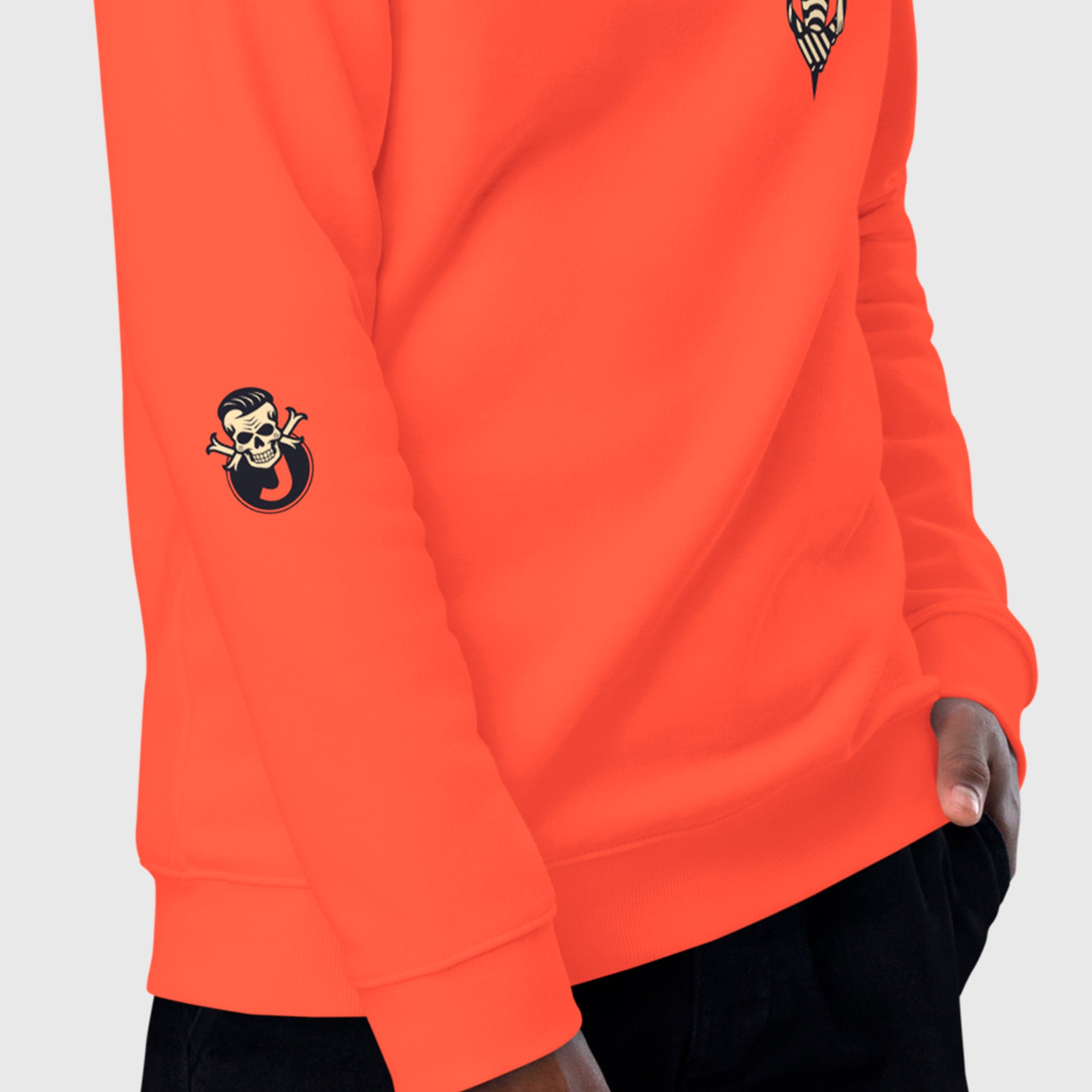 closeup of right arm logo on Domina Maris Unisex organic raglan sweatshirt