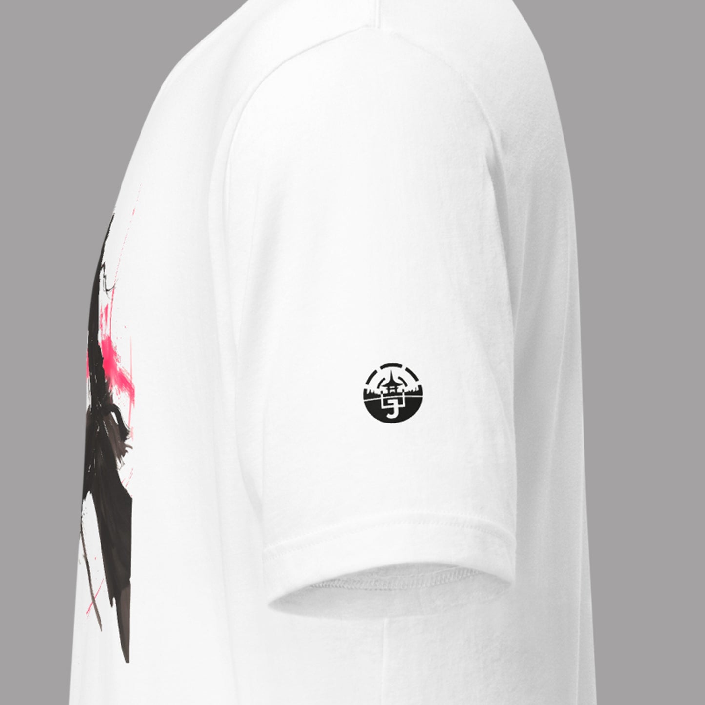 closeup of logo on left sleeve of Kage (影) Unisex t-shirt