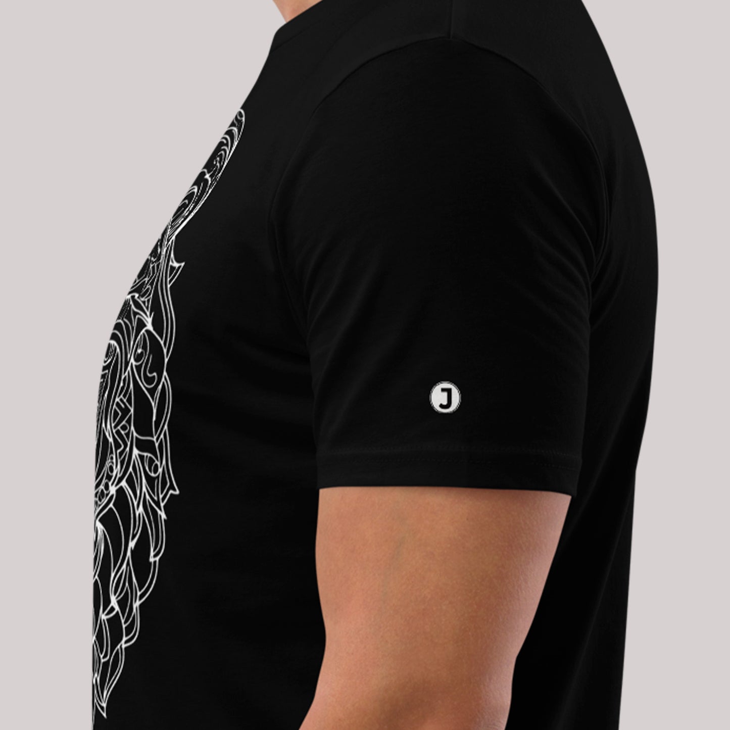 closeup of sleeve pn black Bearing Angles Unisex organic cotton t-shirt