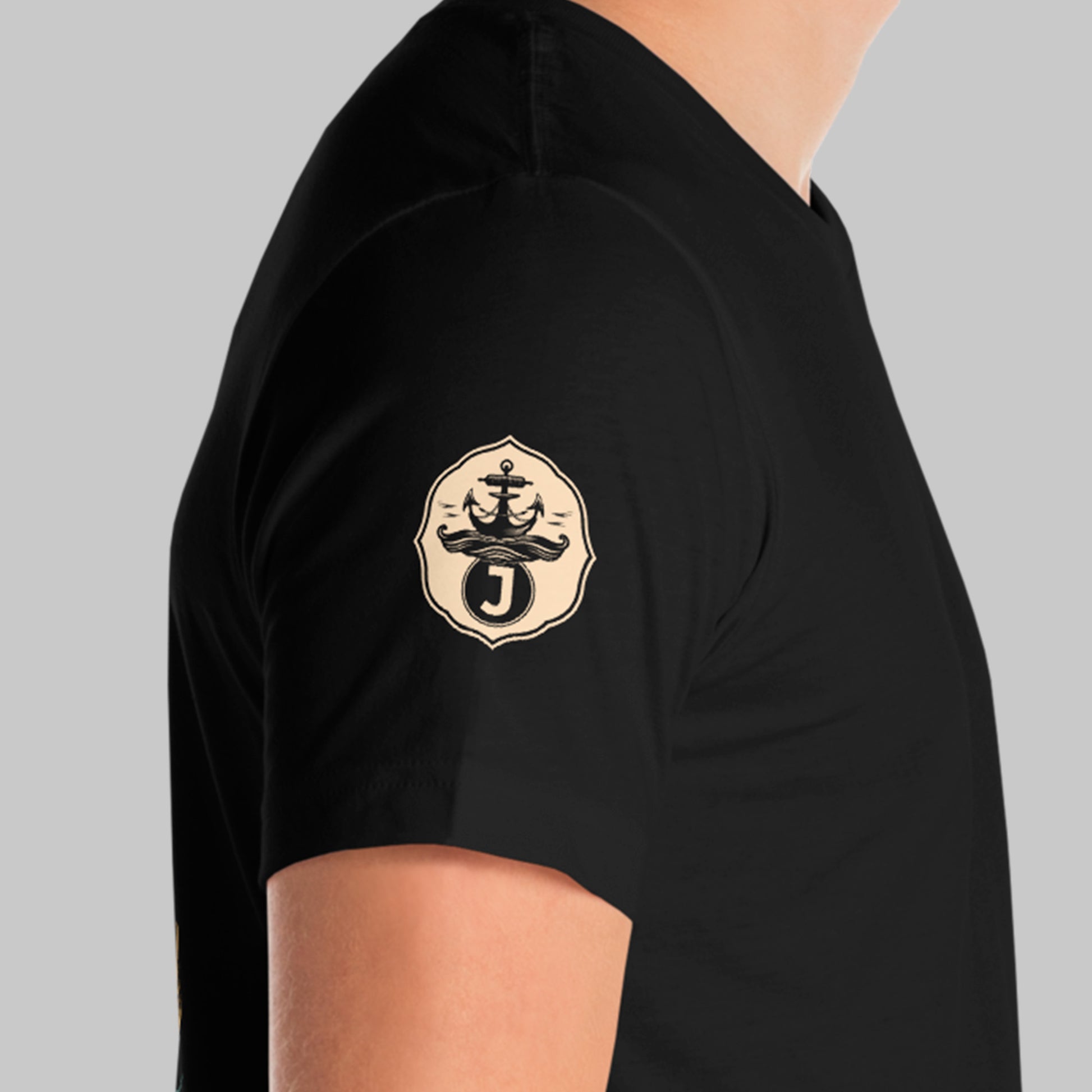 close up of right sleeve logo on black Eternal Affection Unisex t-shirt