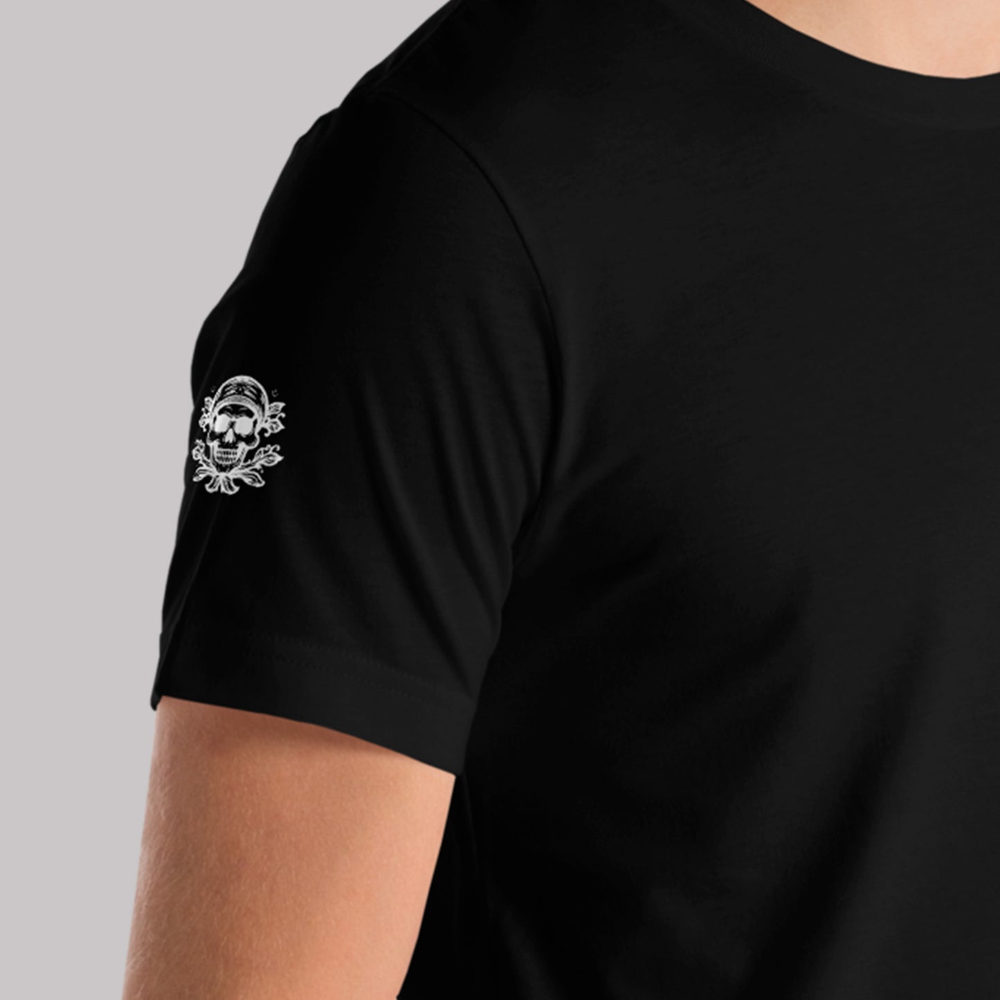 closeup of right sleeve on black Doomed Desolation Unisex t-shirt