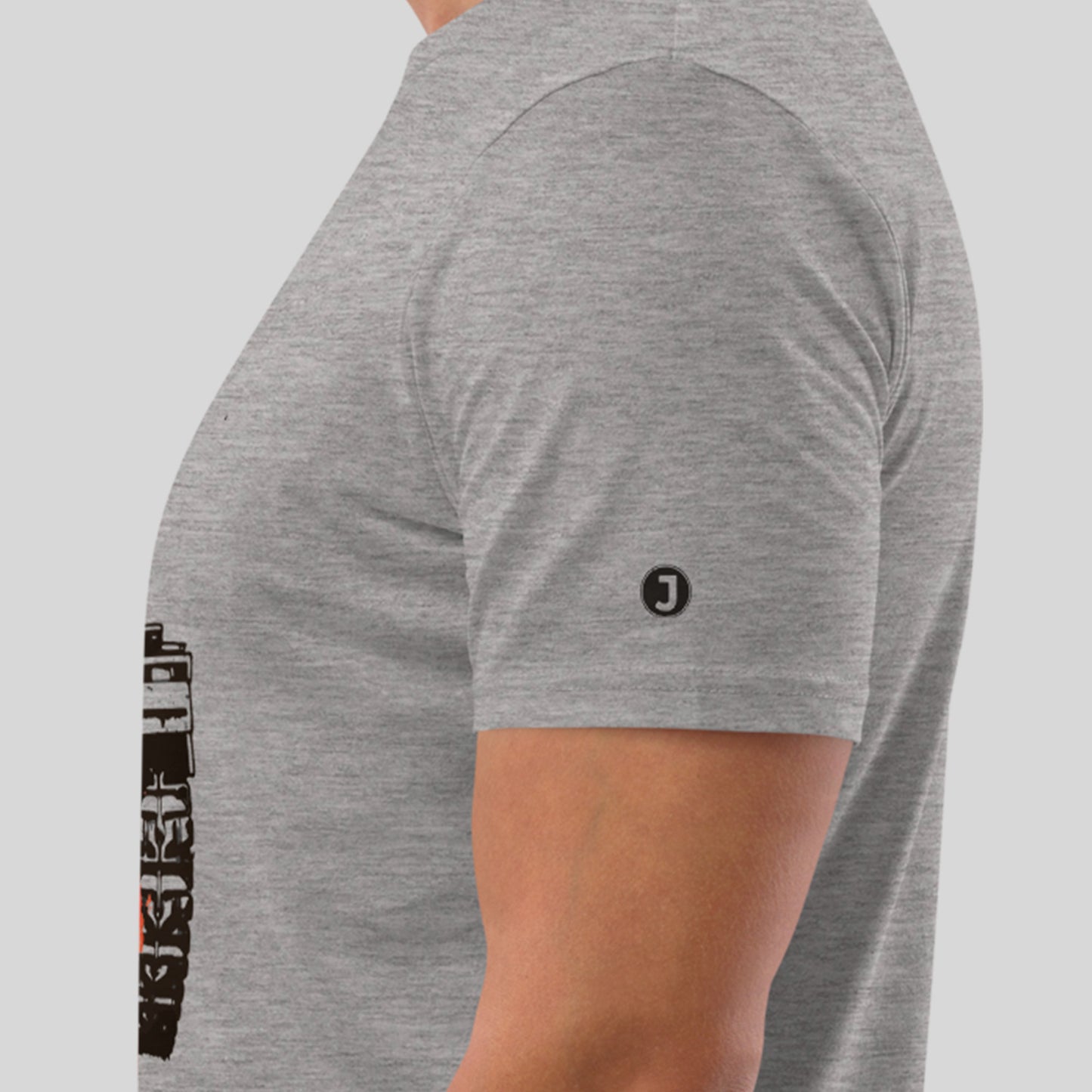closeup of sleeve logo on heather greyThe War on Wants Unisex organic cotton t-shirt
