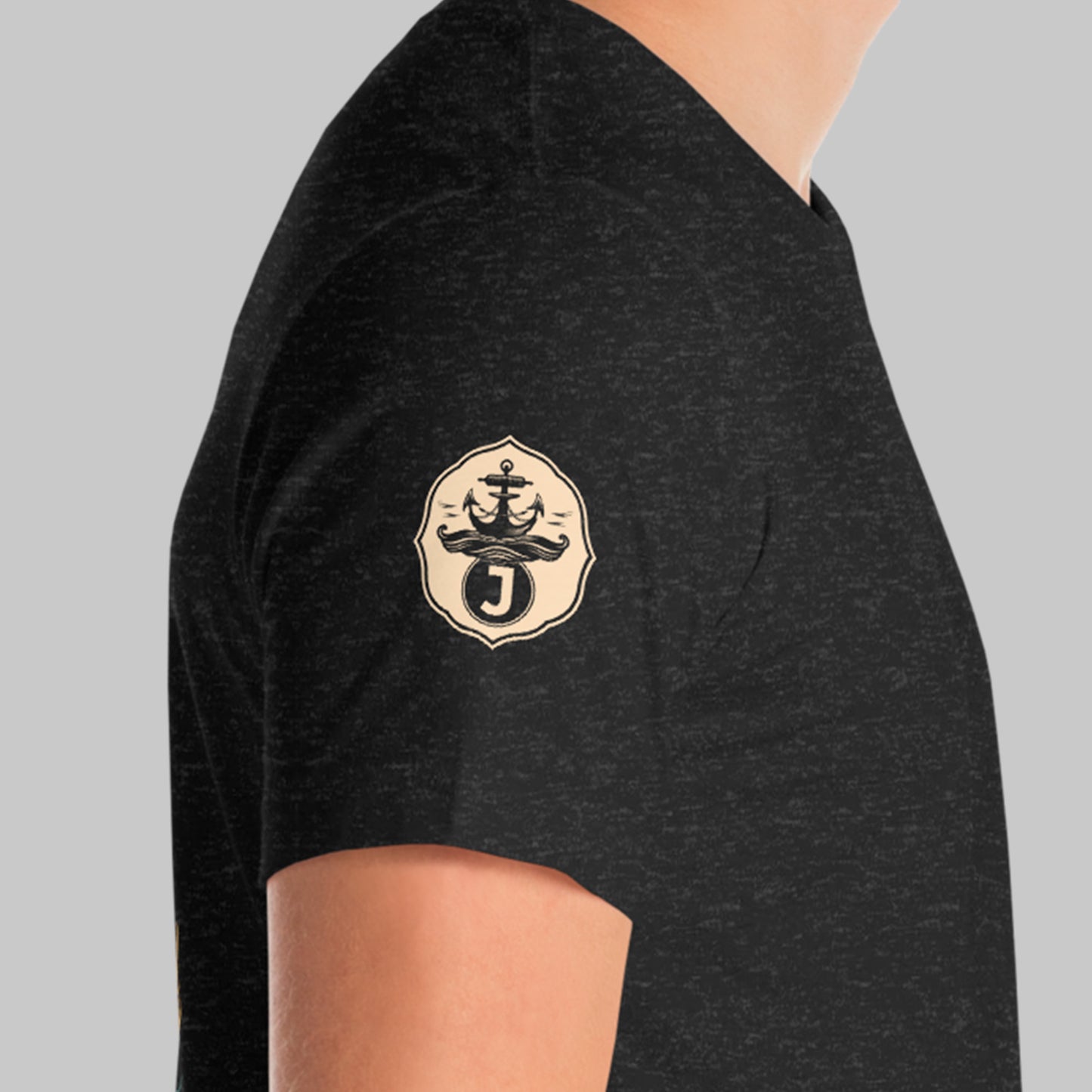 close up of right sleeve logo on heather black Eternal Affection Unisex t-shirt