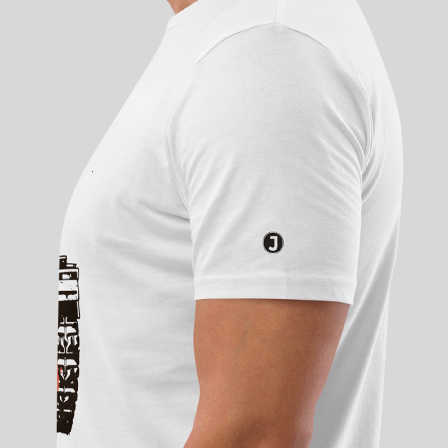 closeup of sleeve logo on white The War on Wants Unisex organic cotton t-shirt