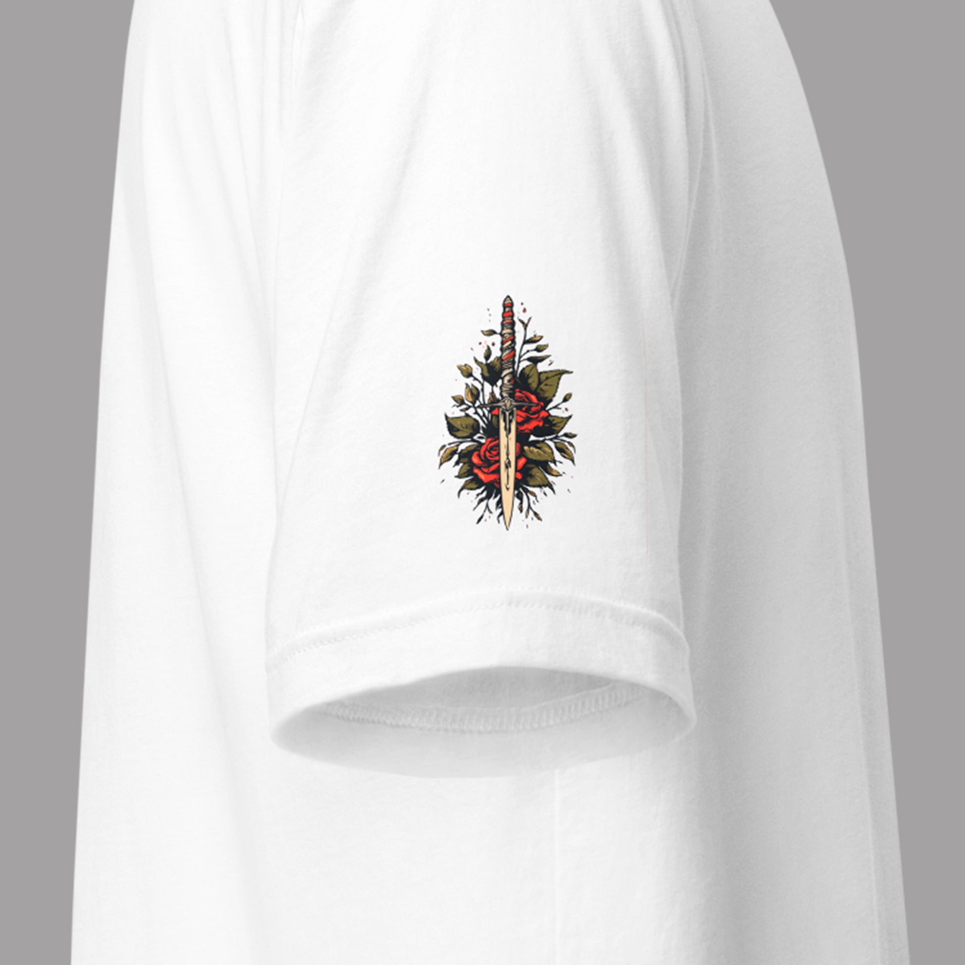 right sleeve dagger on white Rosa Del Mar Unisex t-shirt