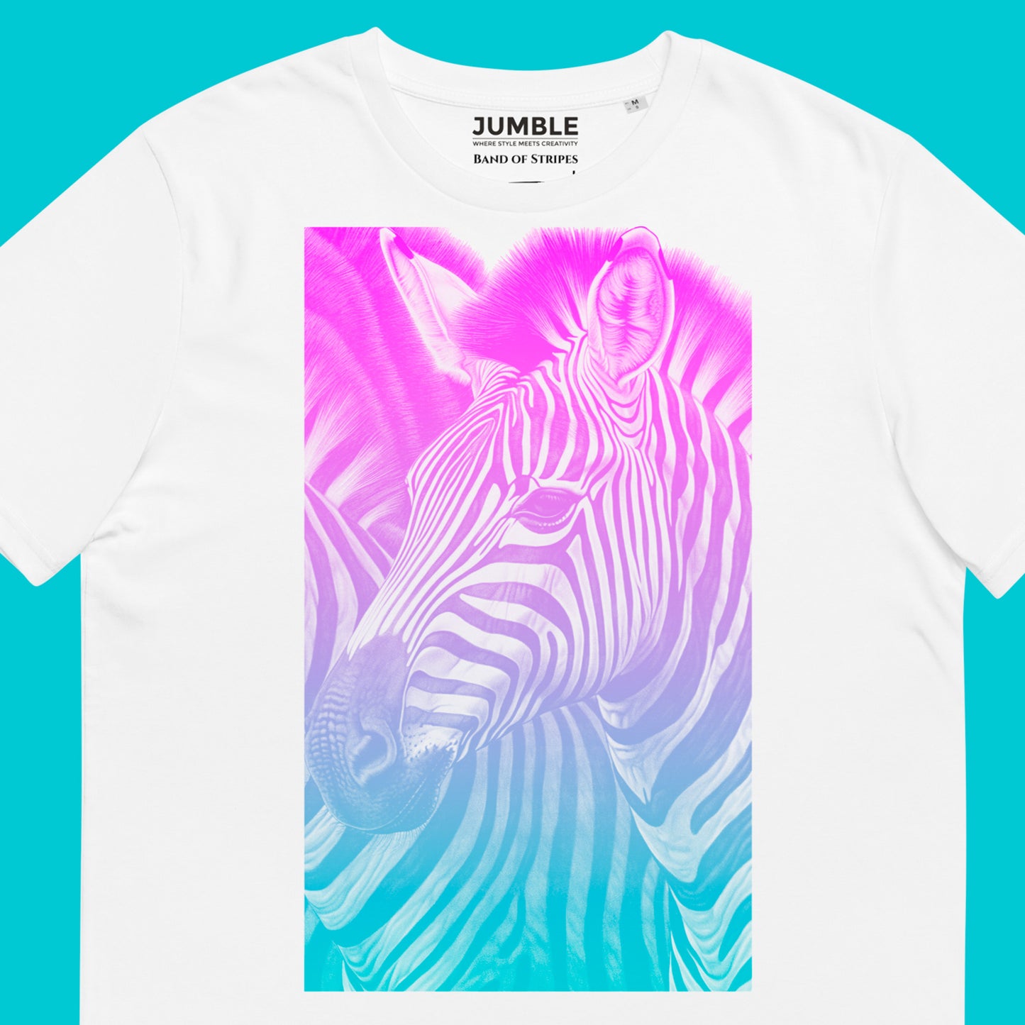 closeup of artwork on Band of Stripes Unisex organic cotton t-shirt