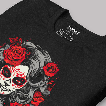 closeup of black heather La Catrina Rose Unisex t-shirt