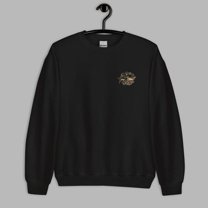 black Ka Manō Embroidered Unisex Sweatshirt displayed on a hanger