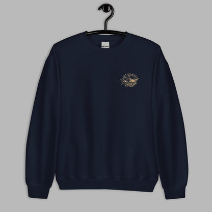 navy Ka Manō Embroidered Unisex Sweatshirt displayed don a hanger