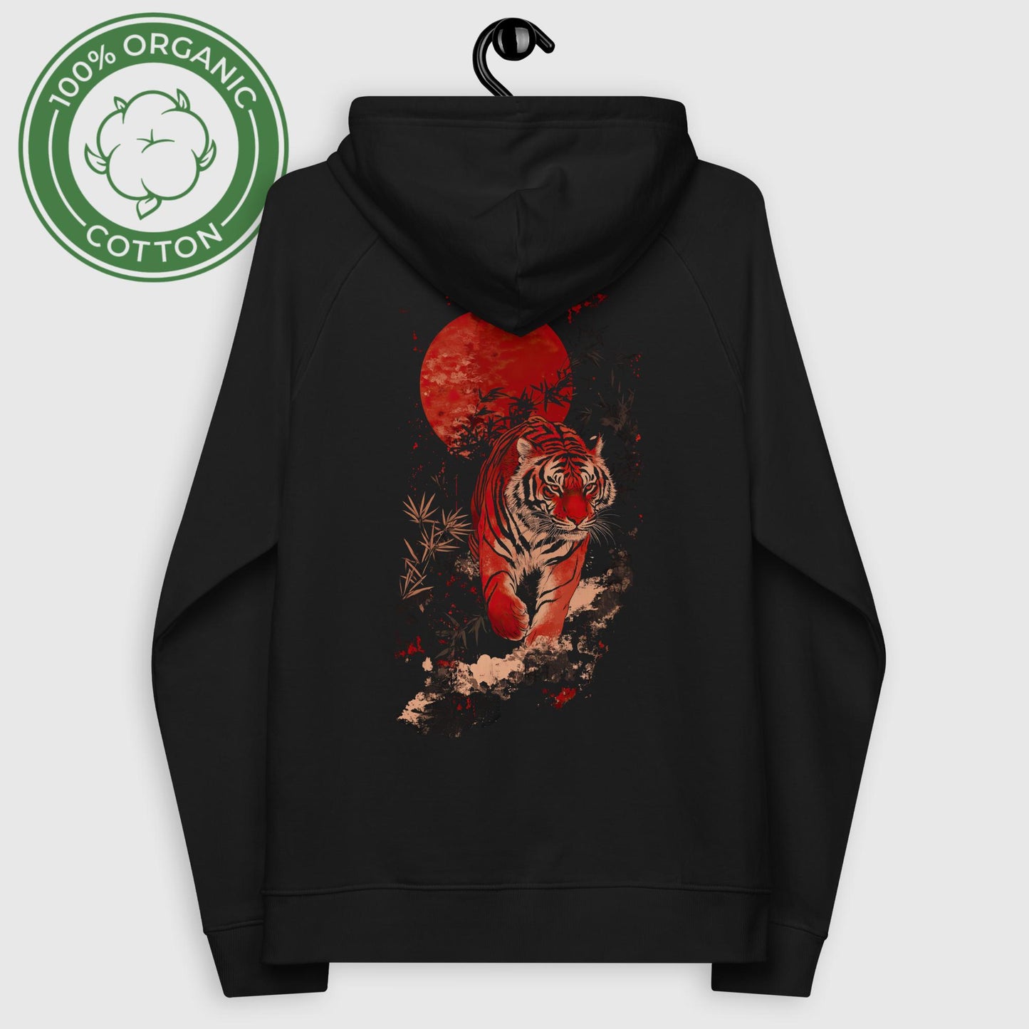 Rising Ember Unisex organic raglan hoodie on a hanger