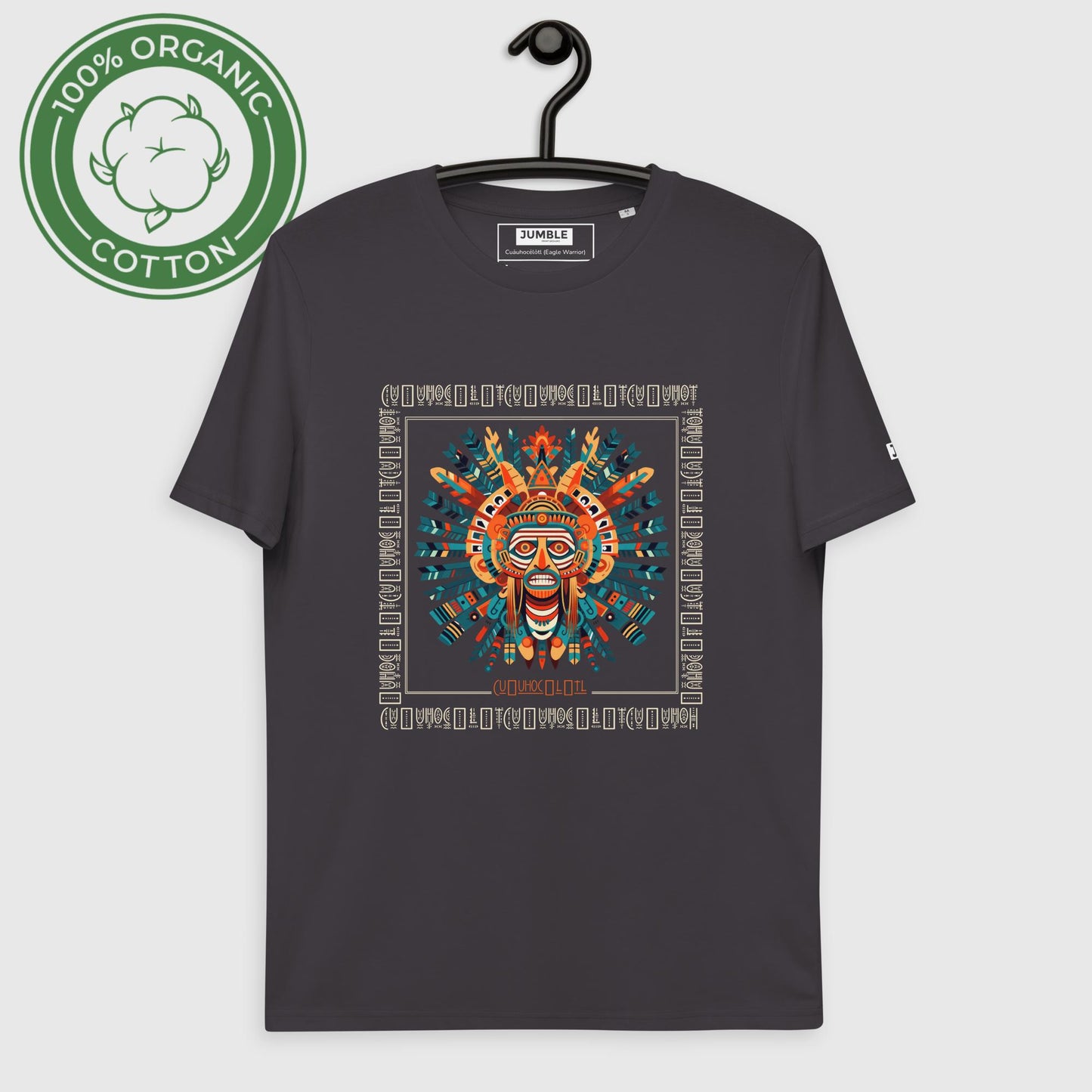 Cuāuhocēlōtl (Eagle Warrior)  Unisex organic cotton t-shirt- in Anthracite on hanger