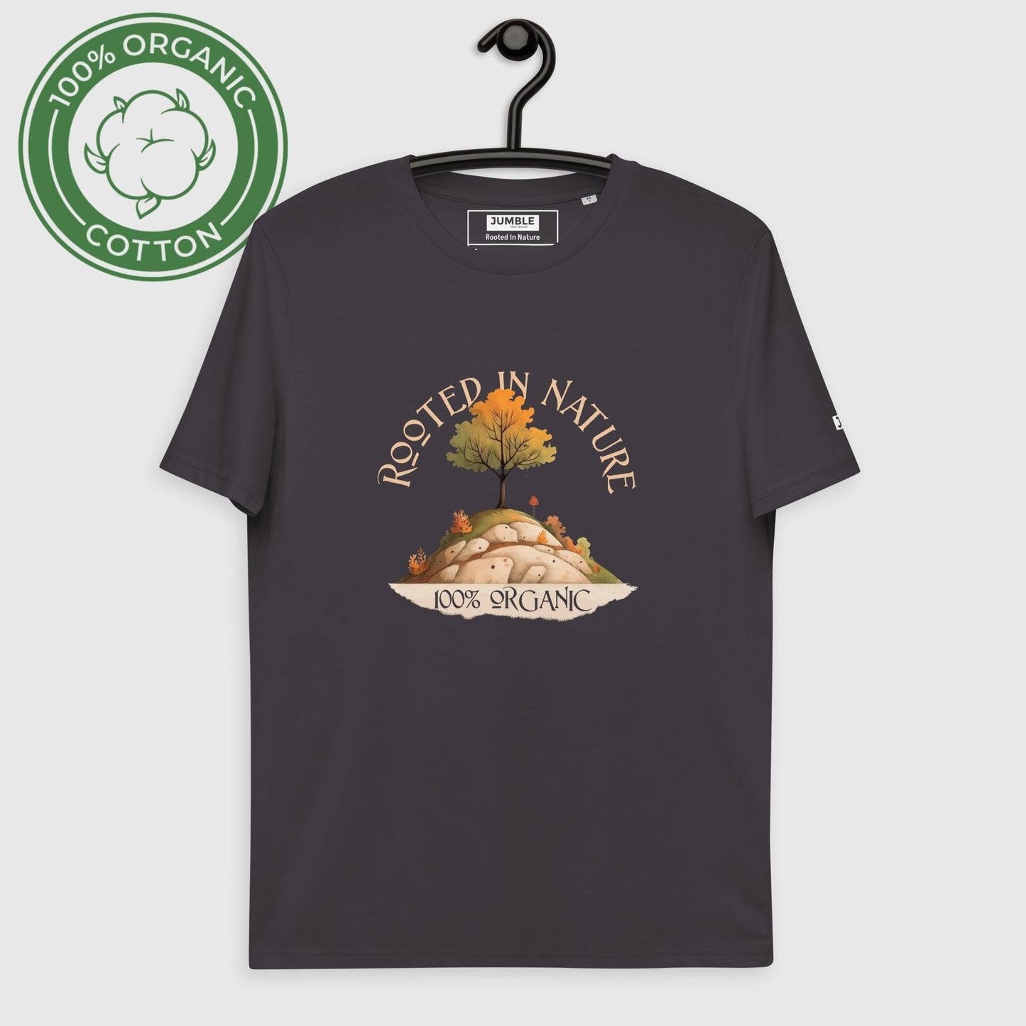 Rooted in Nature Unisex organic cotton t-shirt- in  anthracite-on hanger