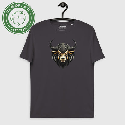 Golden Taurine Unisex organic cotton t-shirt, in anthracite. Displayed on a hanger