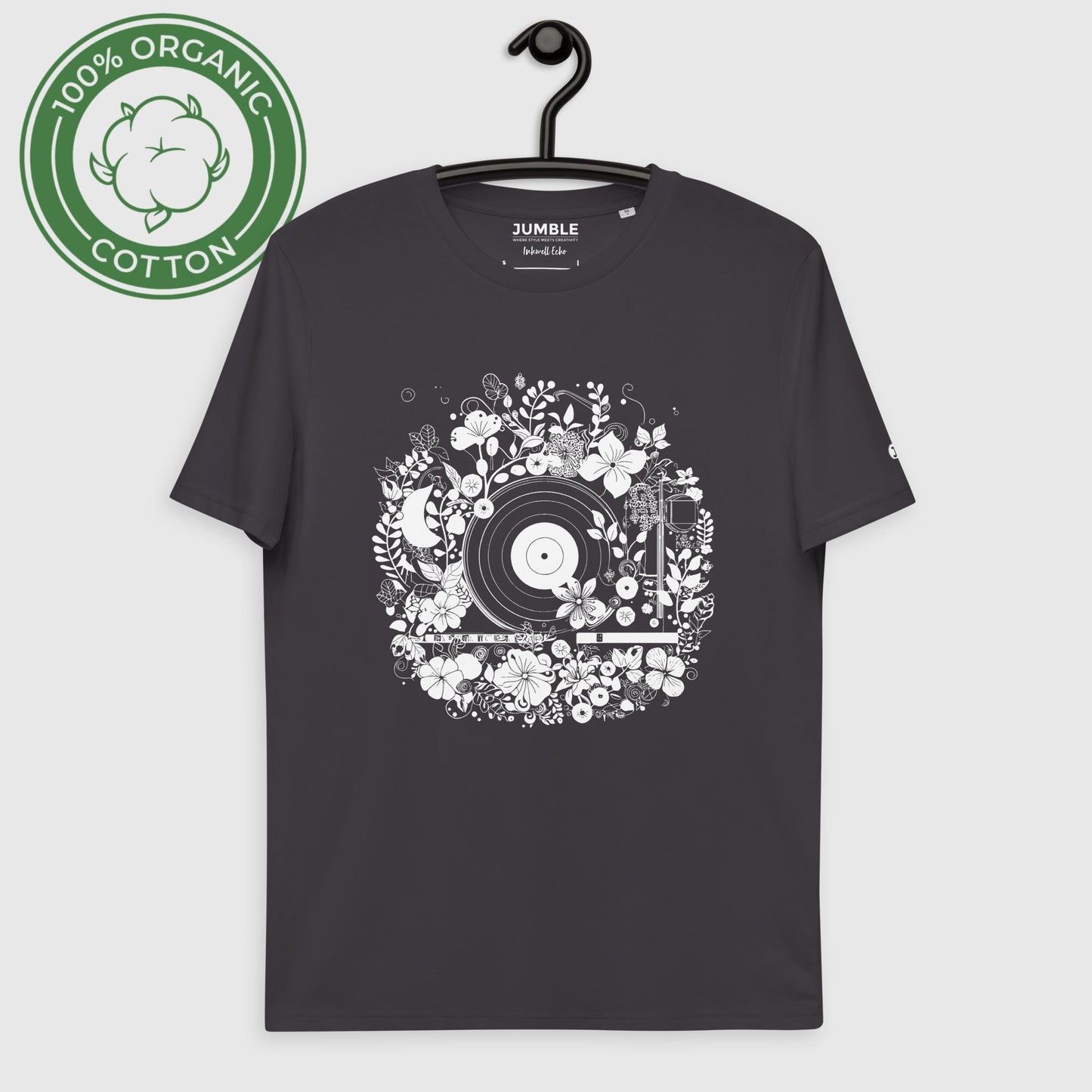Inkwell Echo Unisex organic cotton t-shirt, in anthracite. Displayed on a hanger