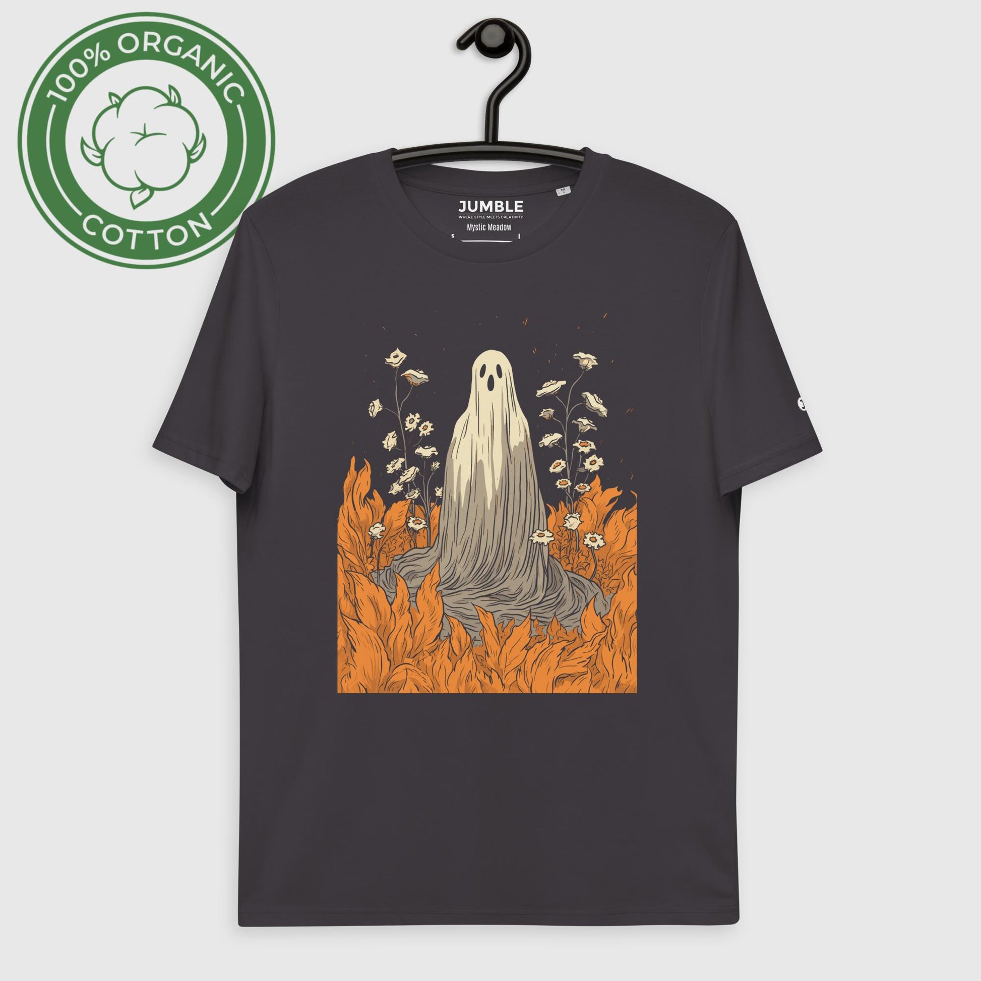 Mystic Meadow Unisex organic cotton t-shirt displayed on a hanger
