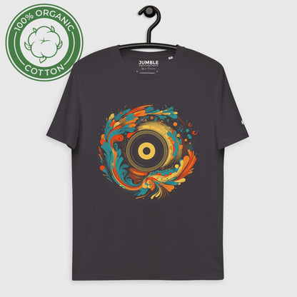 anthracite Spin Fusion Unisex organic cotton t-shirt, displayed on a hanger