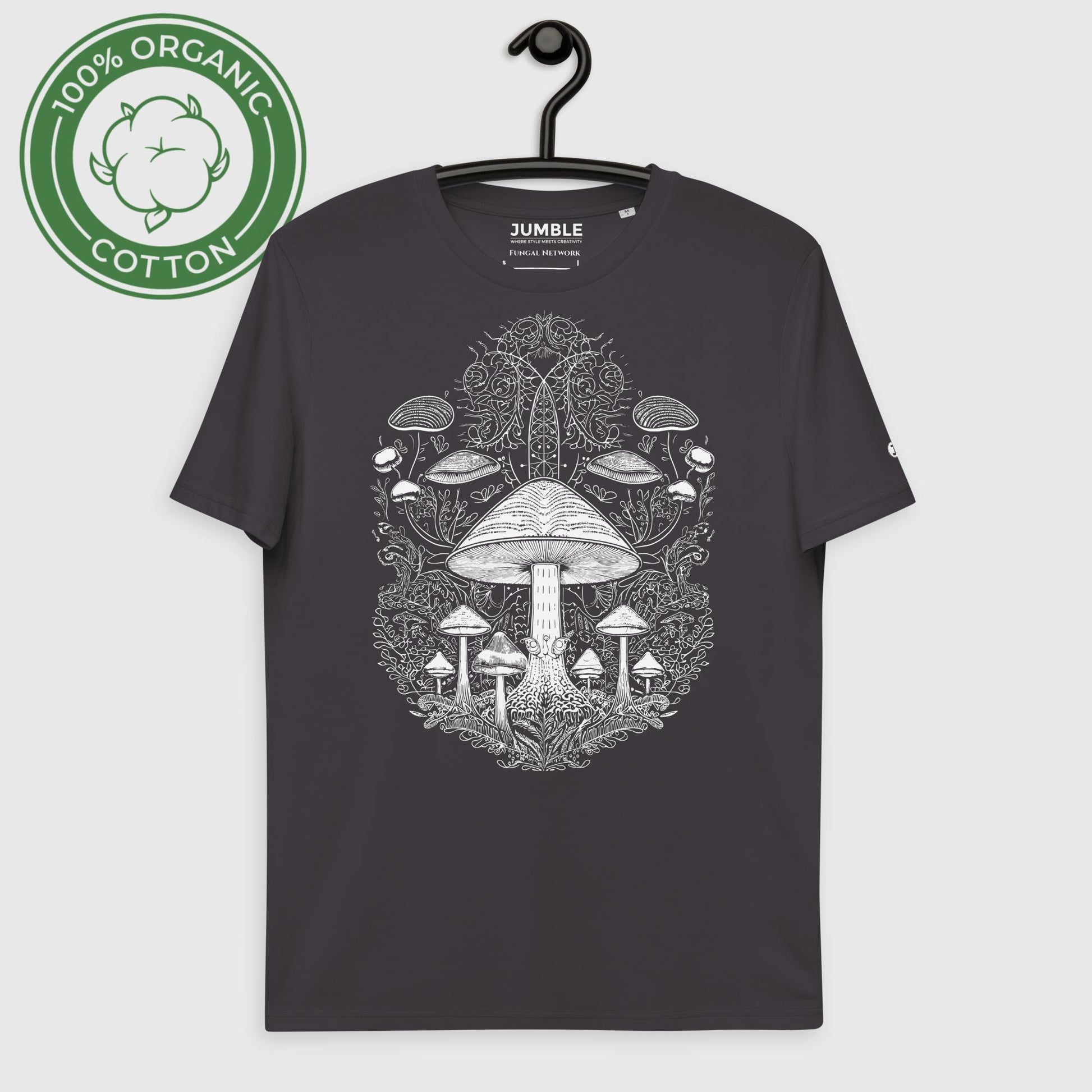 anthracite Fungal Network  Unisex organic cotton t-shirt on a hanger