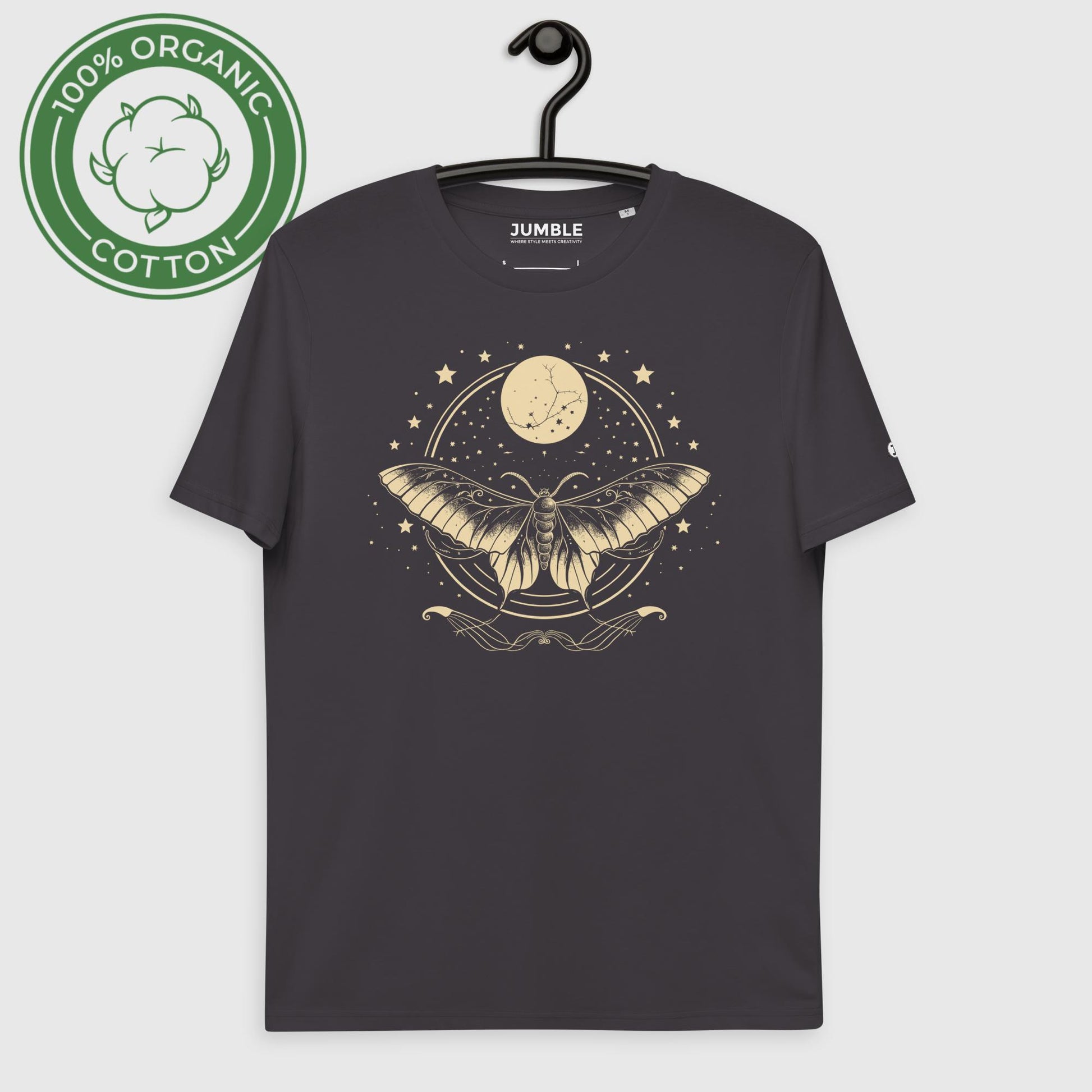anthracite Luna Glow Unisex organic cotton t-shirt displayed on a hanger