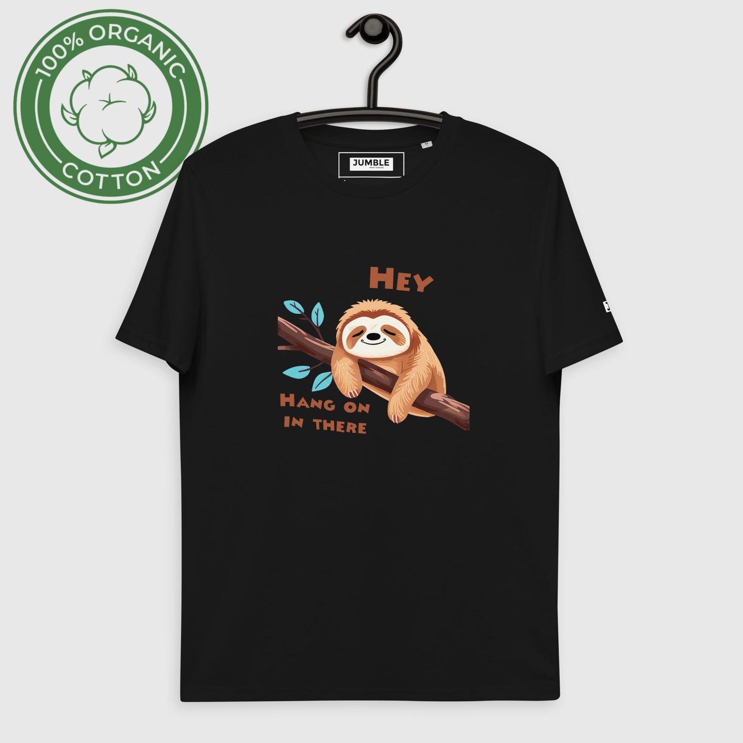 Hey, Hang on in their Unisex organic cotton t-shirt, in black. On hanger