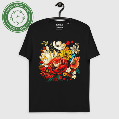 In Bloom Organic Cotton Unisex Tee - Black Color - On Hanger