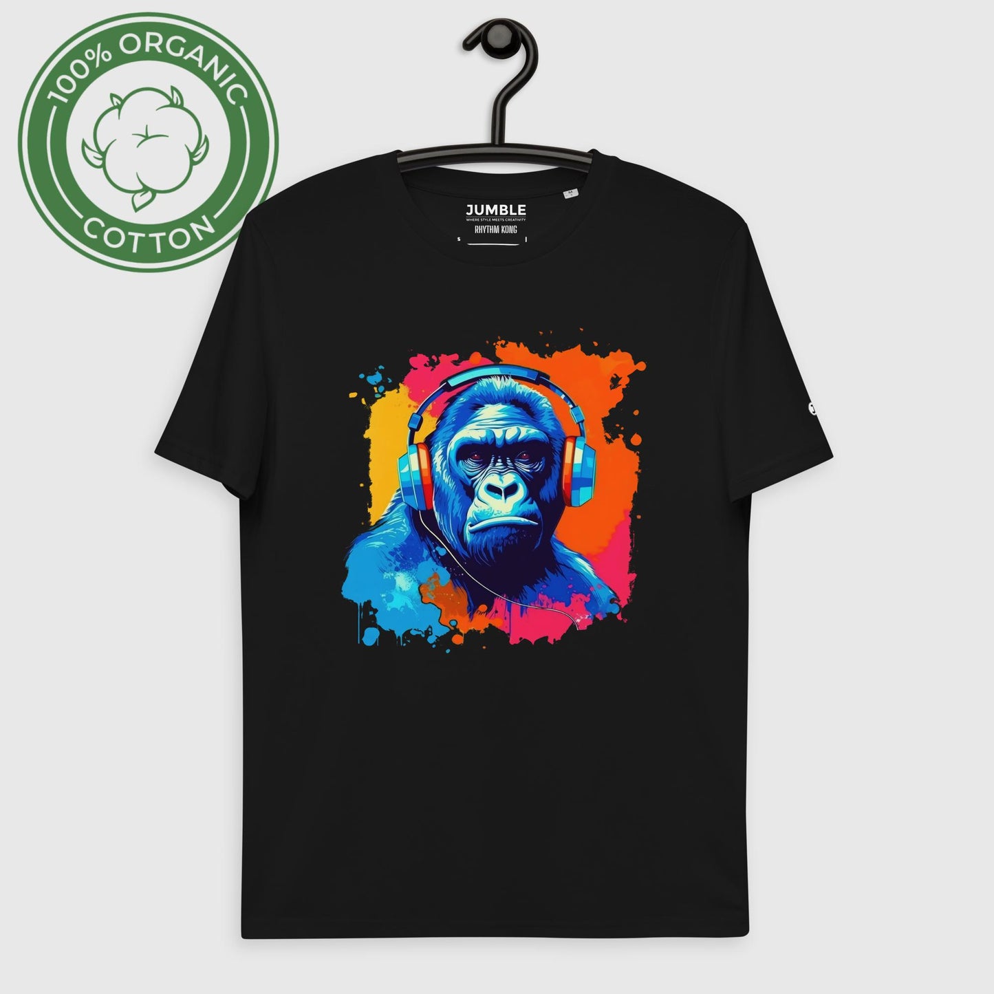 Rhythm Kong Unisex organic cotton t-shirt- in black, on hanger