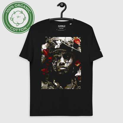 Floral Trooper Unisex organic cotton t-shirt, displayed on hanger