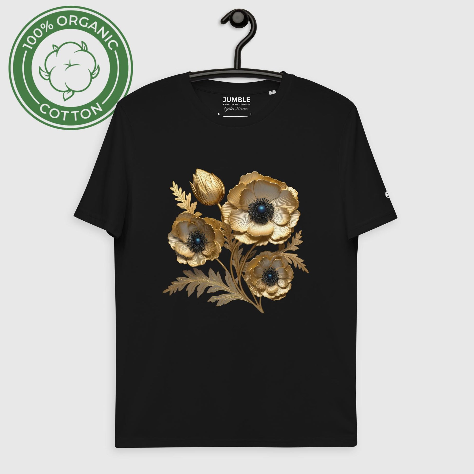 Golden Flourish Unisex organic cotton t-shirt displayed on hanger