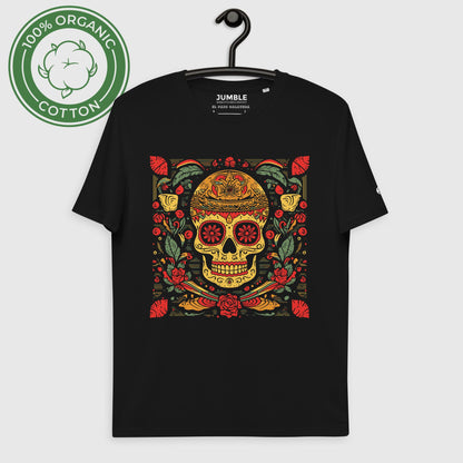 black El Paso Calavera Unisex organic cotton t-shirt, displayed on a hanger