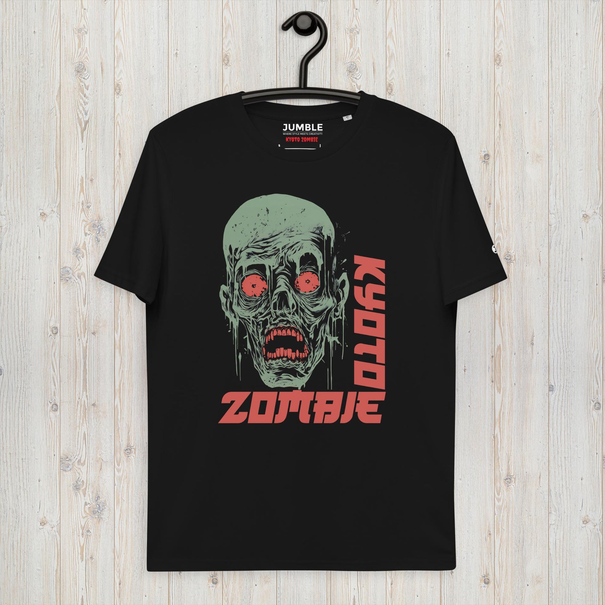 black Kyoto Zombie Unisex organic cotton t-shirt on a hanger