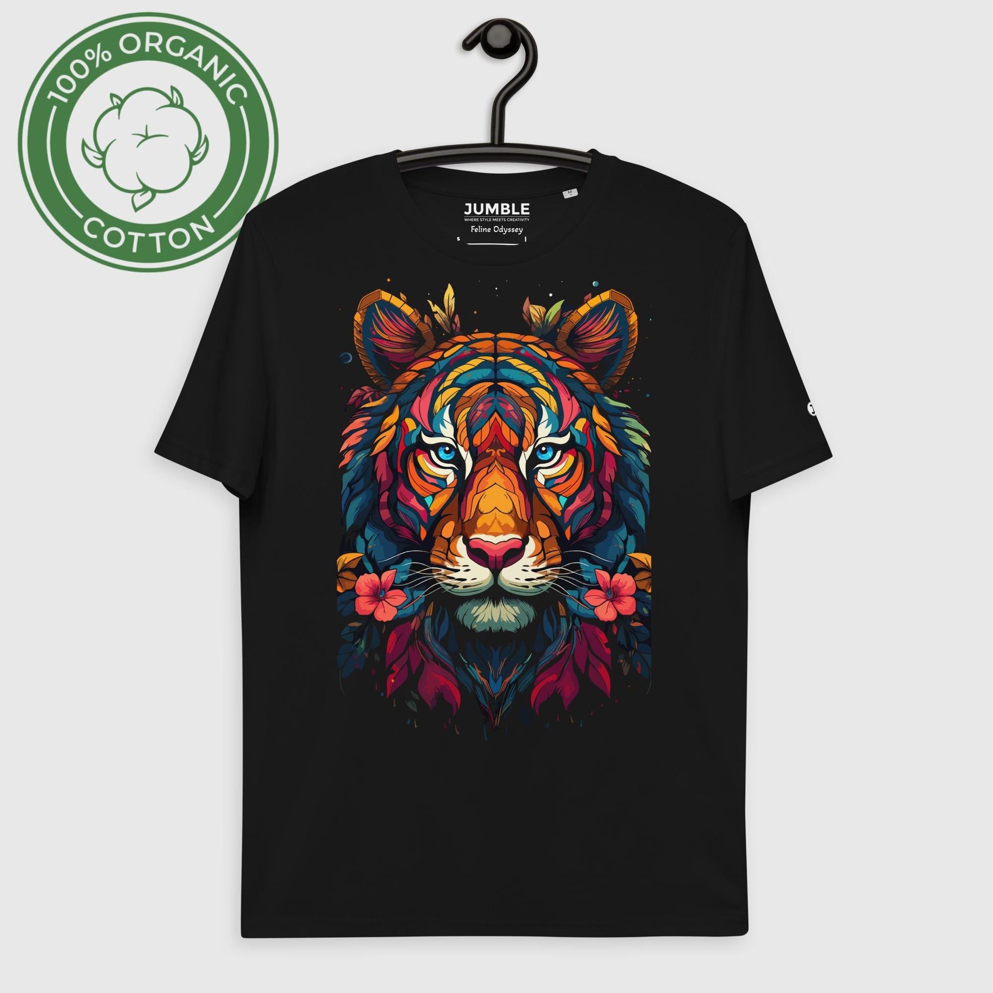 Feline Odyssey Unisex organic cotton t-shirt displayed on a hanger