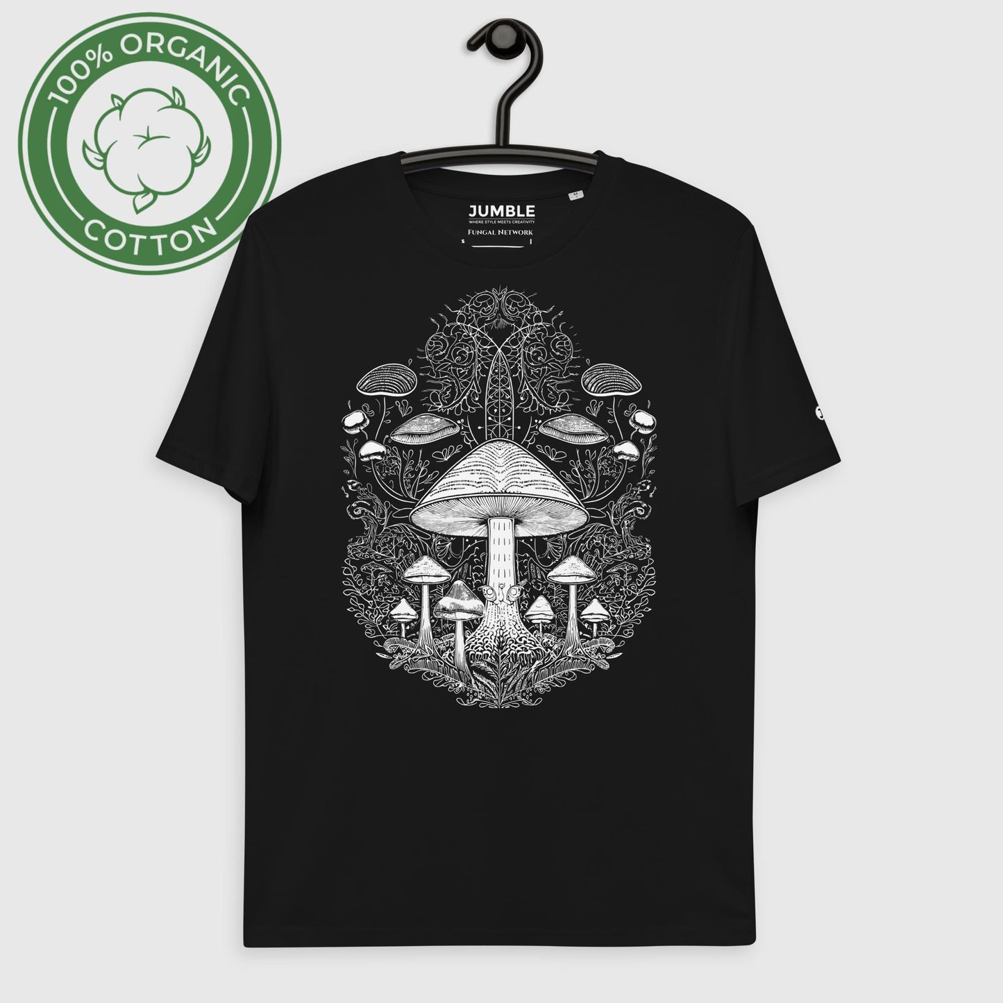 black Fungal Network  Unisex organic cotton t-shirt on hanger