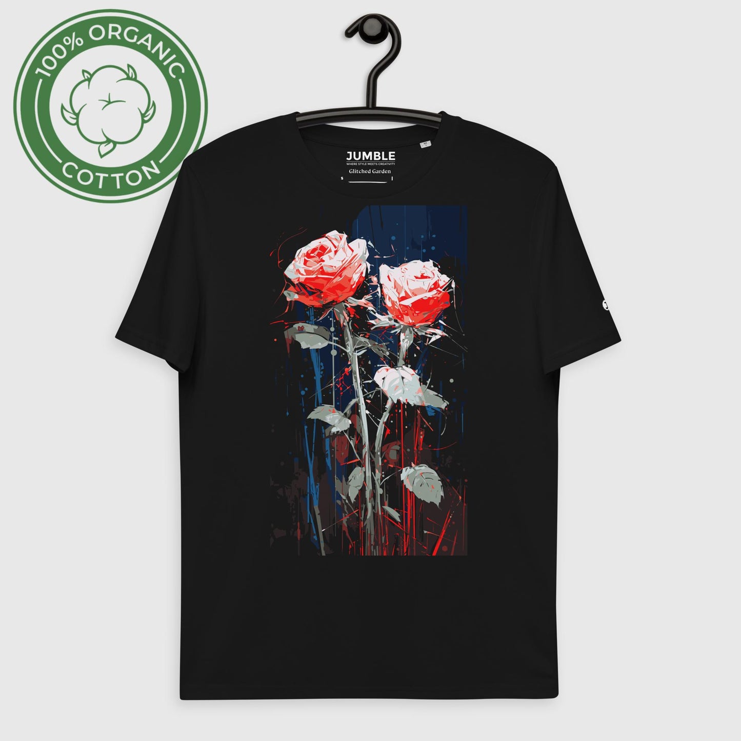 black Glitched Garden Unisex organic cotton t-shirt displayed on a hanger
