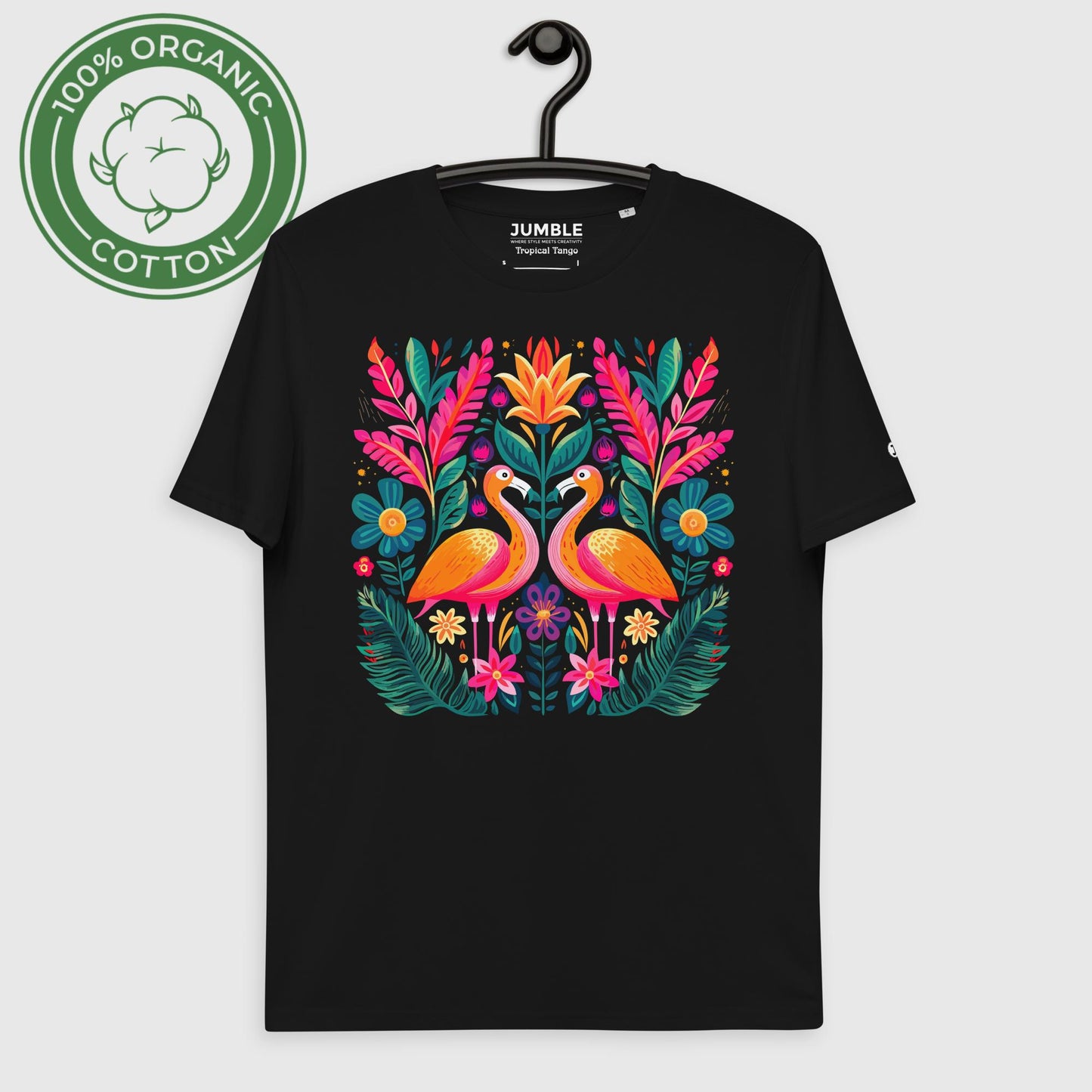 black Tropical Tango Unisex organic cotton t-shirt on a hanger