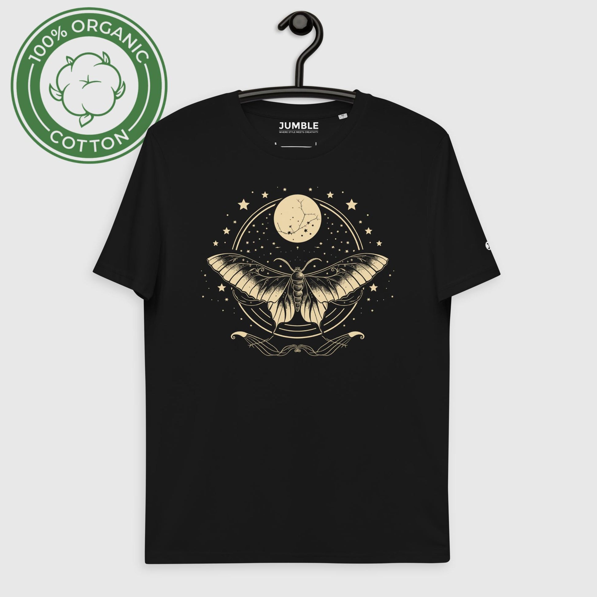 black Luna Glow Unisex organic cotton t-shirt displayed on a hanger
