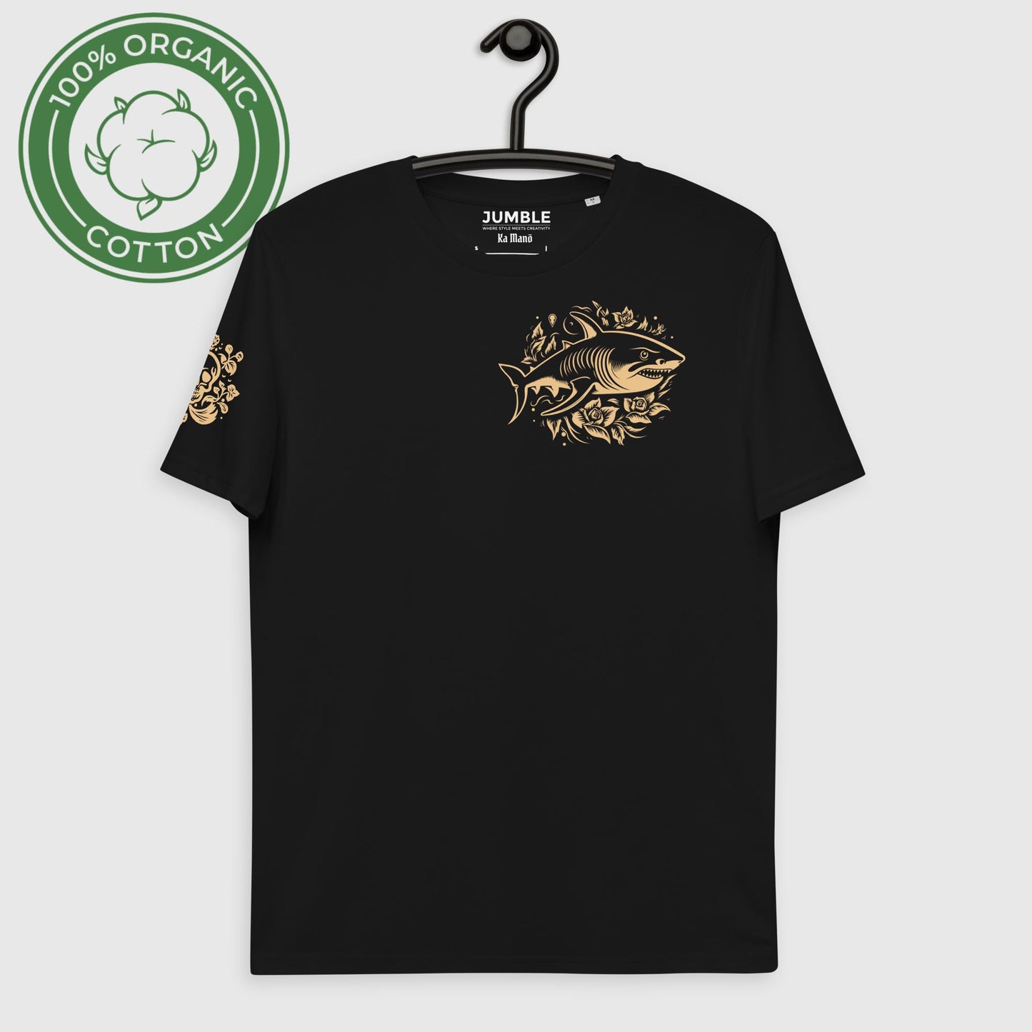 black Ka Manō Unisex organic cotton t-shirt displayed on a hanger
