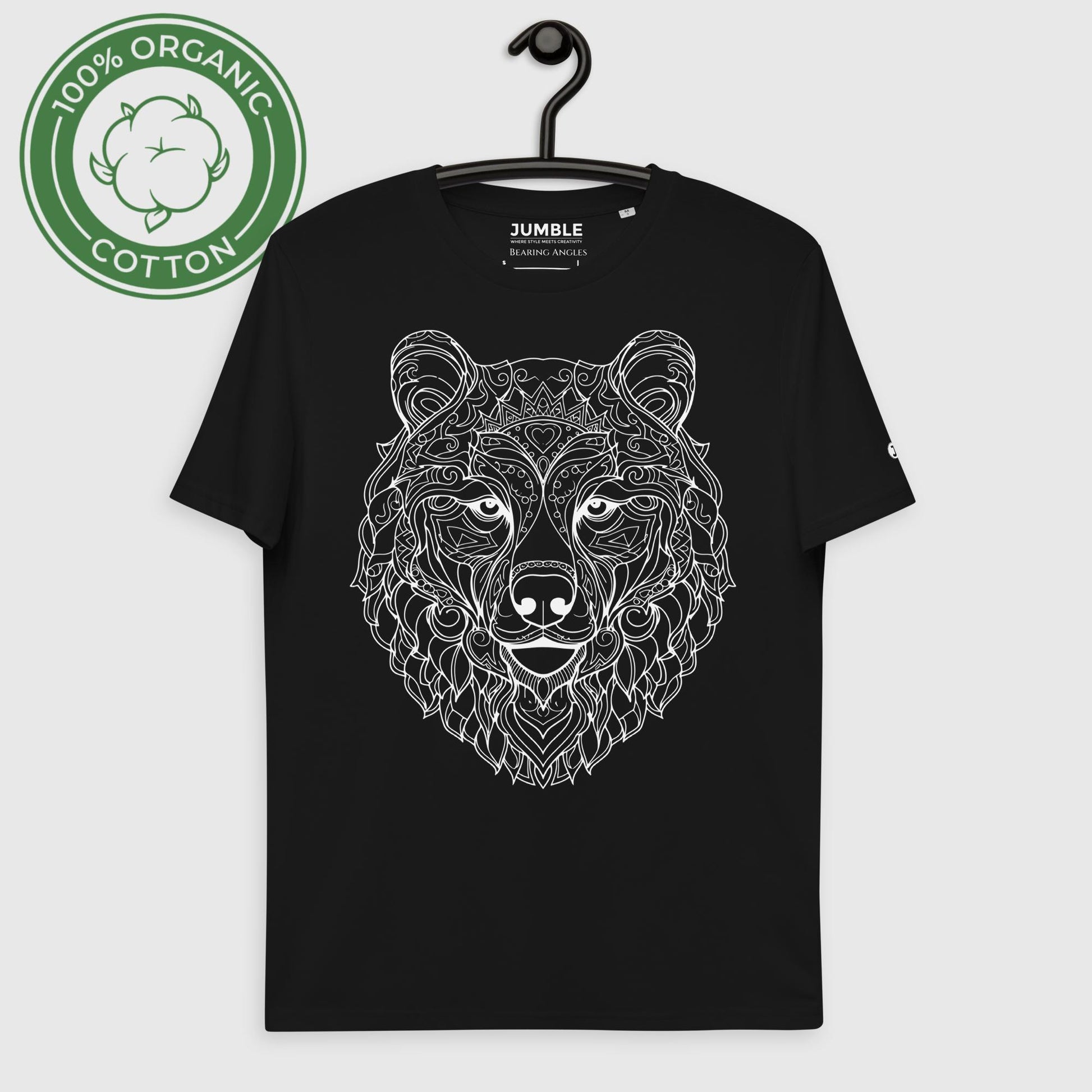 black Bearing Angles Unisex organic cotton t-shirt on a hanger
