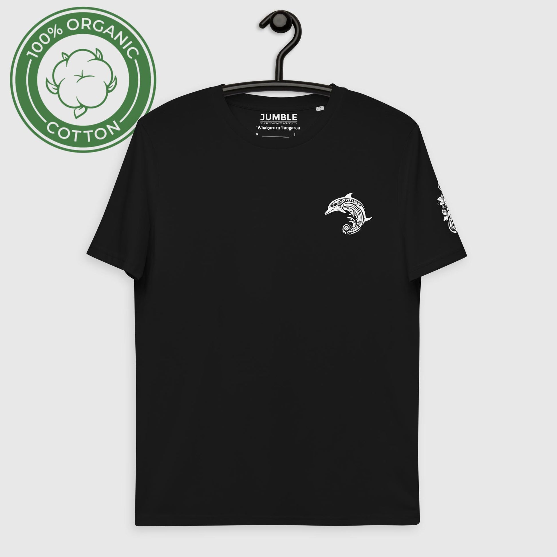black Whakaruru Tangaroa Unisex organic cotton t-shirt displayed on a hanger