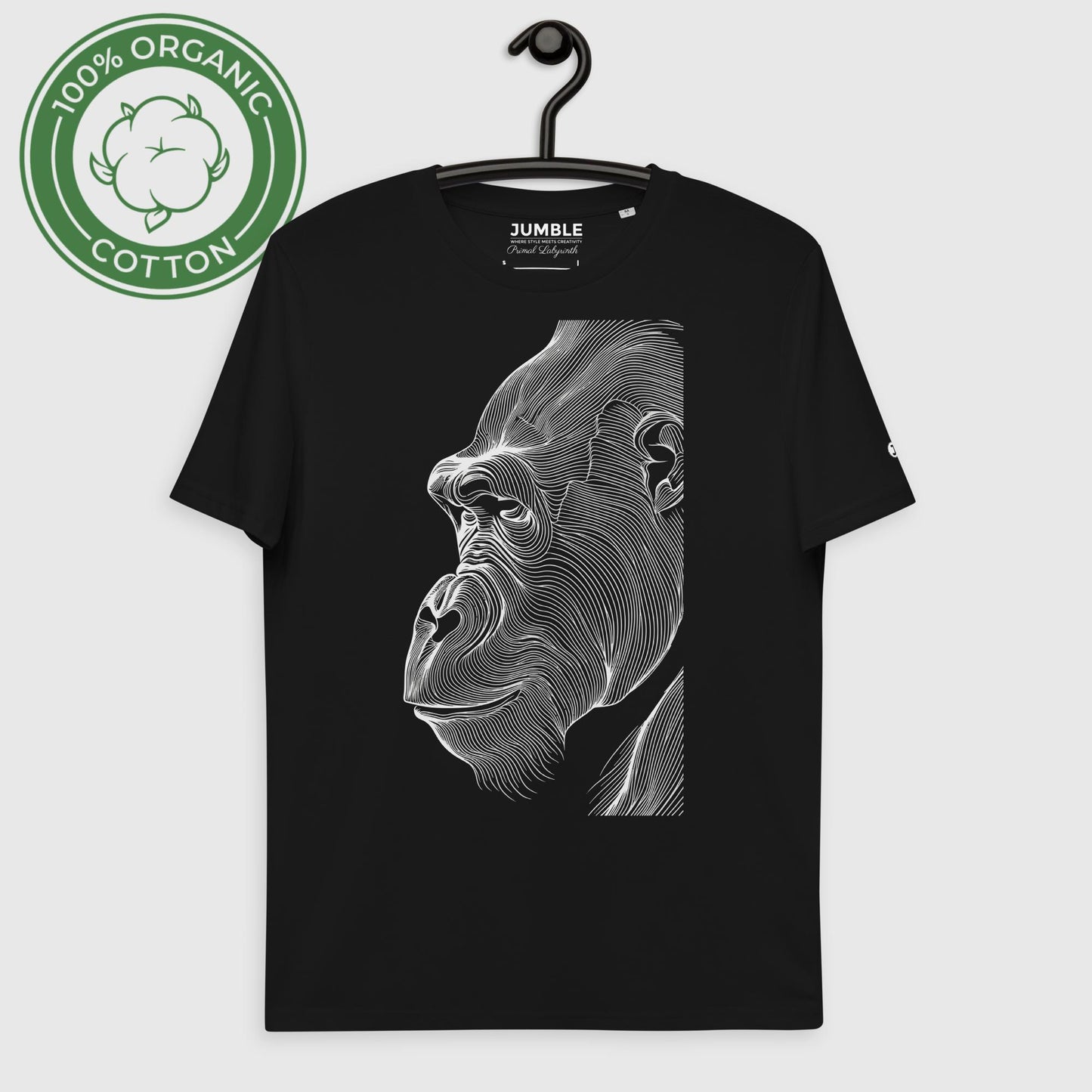 black Primal Labyrinth Unisex organic cotton t-shirt displayed on a hanger