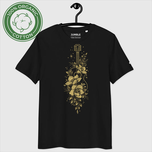 Golden Serenade Unisex organic cotton t-shirt displayed on a hanger