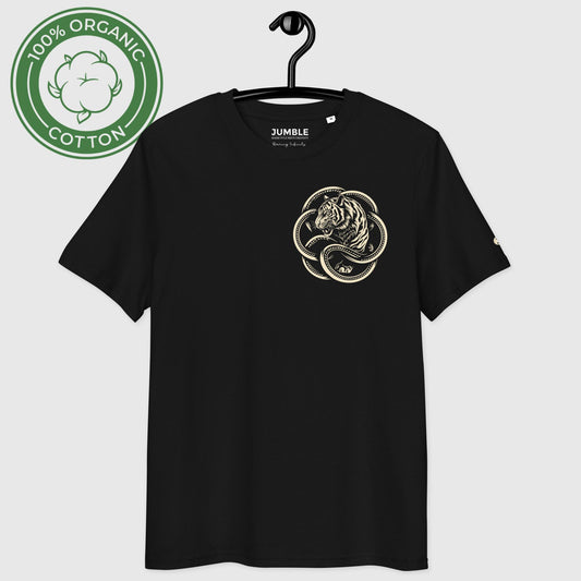 black Roaring Infinity PremiumUnisex organic cotton t-shirt displayed on hanger