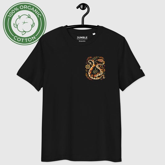 Serpentia Premium Unisex organic cotton t-shirt displayed on a hanger