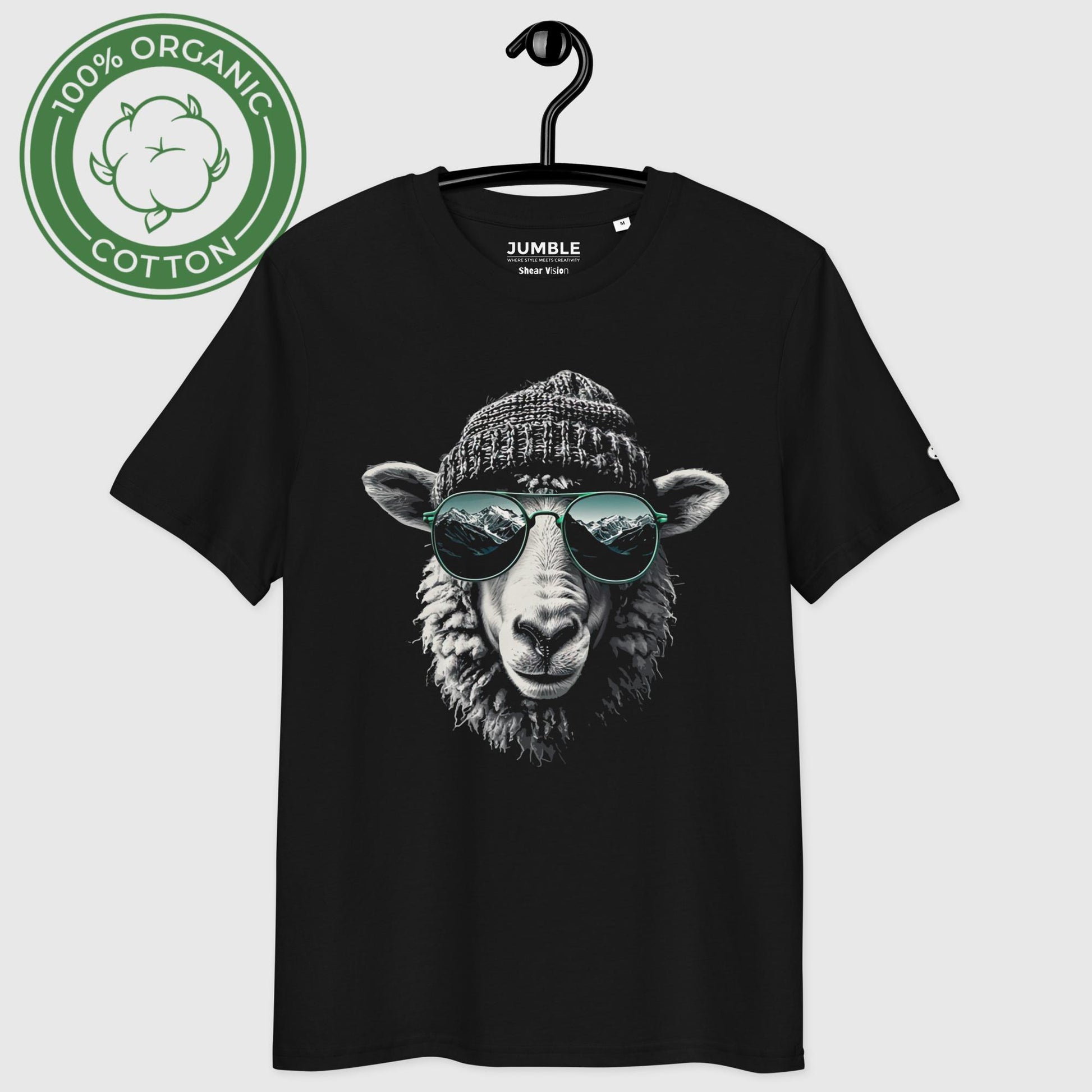 black Shear vision Premium Unisex organic cotton t-shirt on a hanger