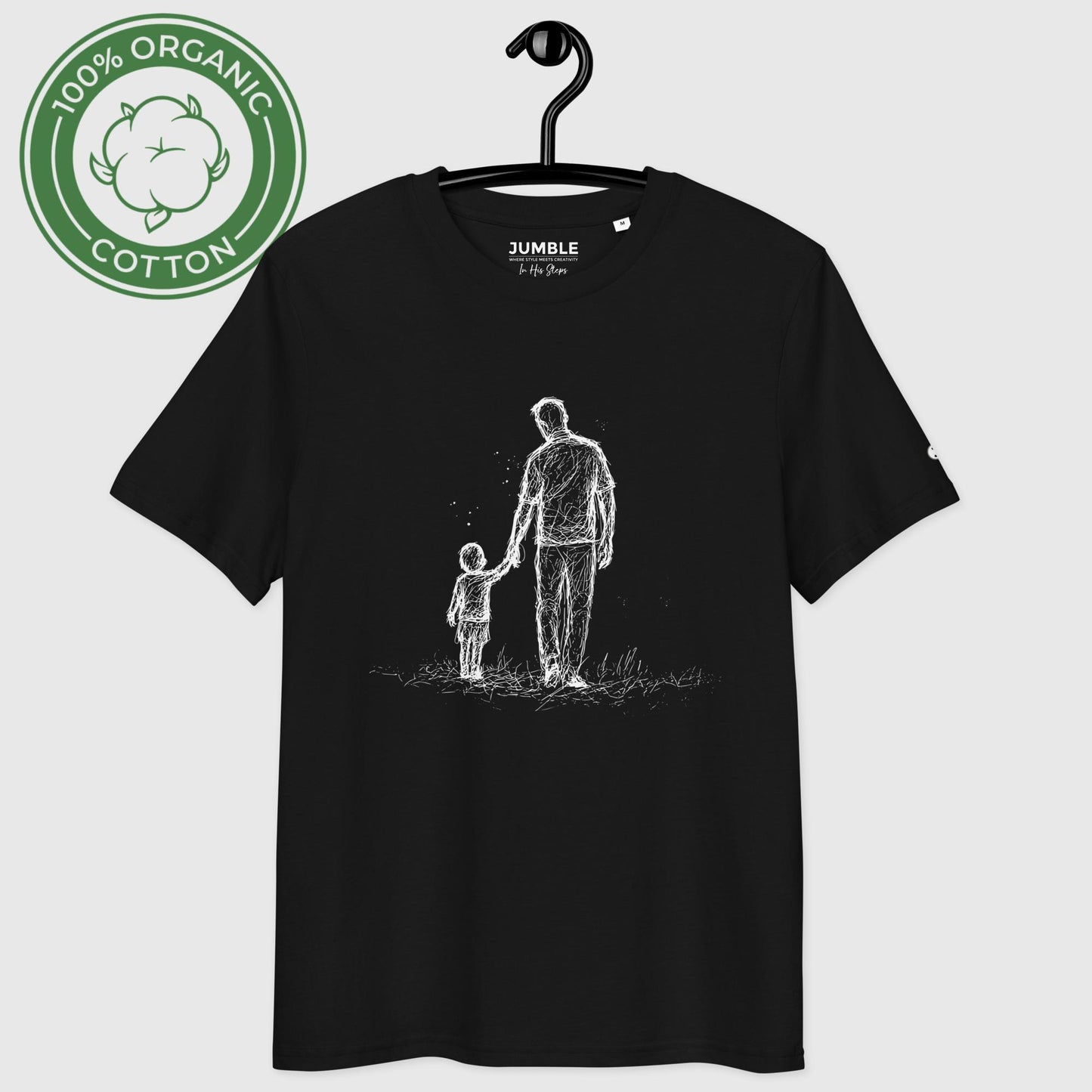 black In His Steps Premium Unisex organic cotton t-shirt on a hanger