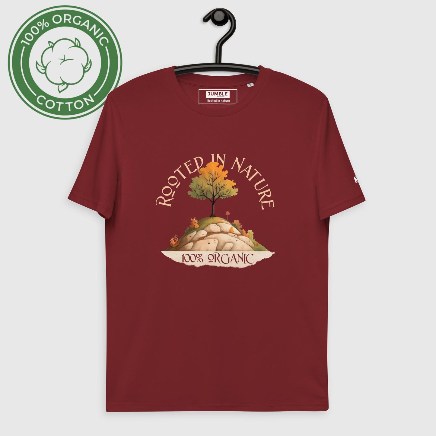 Rooted in Nature Unisex organic cotton t-shirt- in burgundy-on hanger