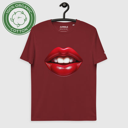 Seductive Vermillion Unisex organic cotton t-shirt, in burgundy. On hanger